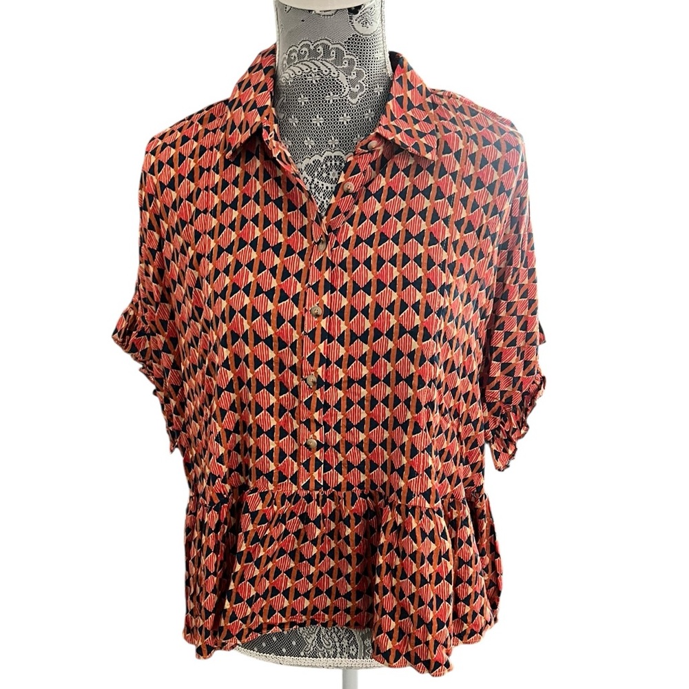 NWT Maeve by Anthropologie Flowy Boho Short Sleeve Top Sz Small Red/Orange/Blue